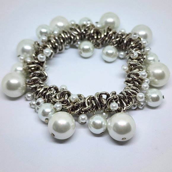 Vintage Woven Silver Chain Pearl Dangle Bead Bridal Dressy Stretch Bracelet - Picture 3 of 9